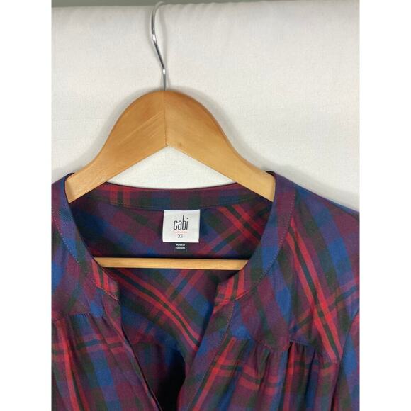 CAbi Caroling Plaid Button Front Top Blouse Size XS Style 4070 Navy Blue Red - Picture 4 of 6